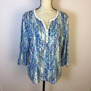 Karen Scott Blouse Shirt Top Sz PXL Womans Petite Blue White Printed 3/4 Sleeve
